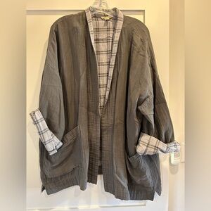 Eileen fisher soft cozy organic cotton linen plaid brown light kimono jacket XL